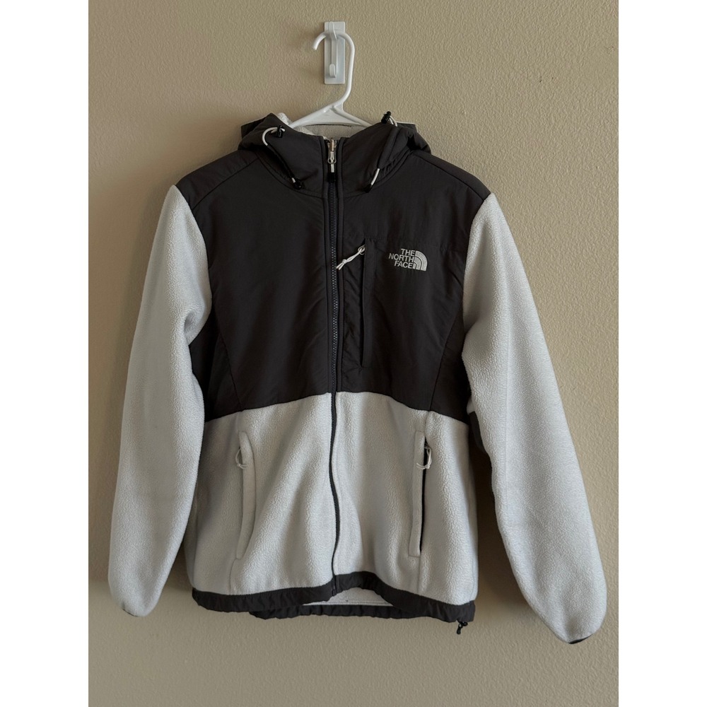 The North Face Denali Hooded Fleece Jacket Grey White Womens Size Medium